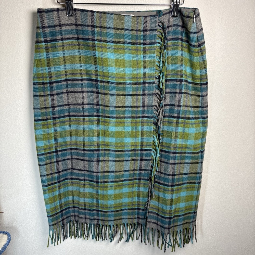 J.Jill Womens 8 Blue Plaid Pencil Skirt Academic Wool Blend Fringed